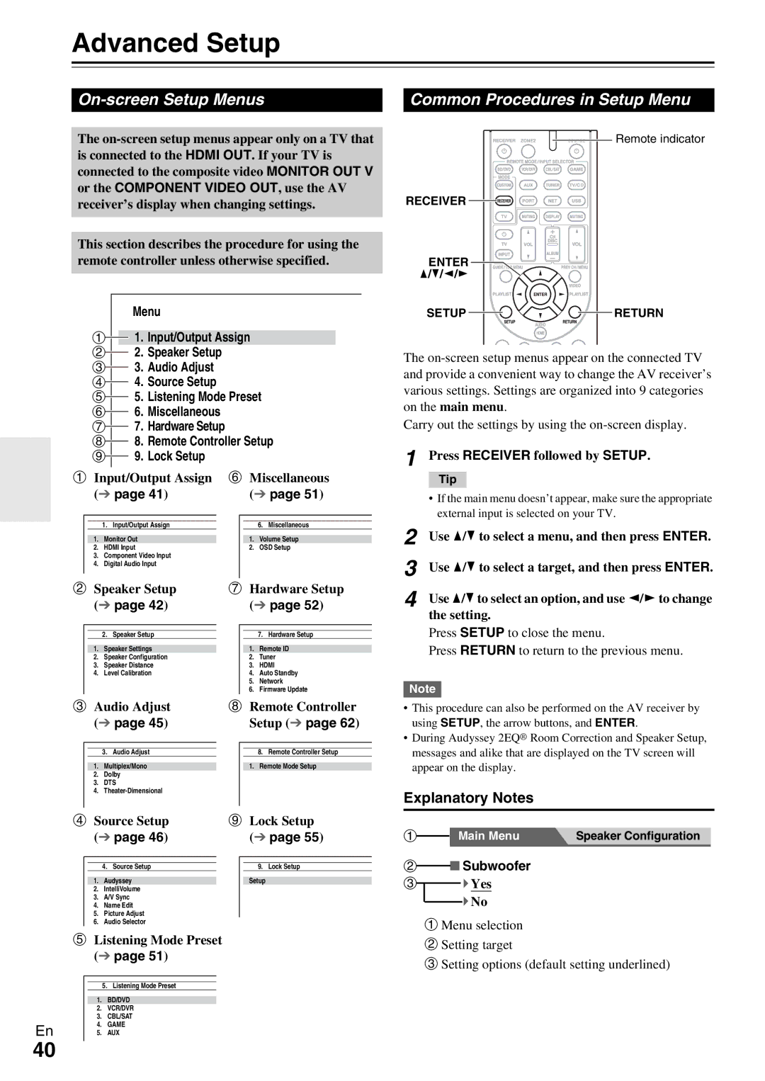 Onkyo TX-NR579 instruction manual Advanced Setup, On-screen Setup Menus Common Procedures in Setup Menu, Explanatory Notes 