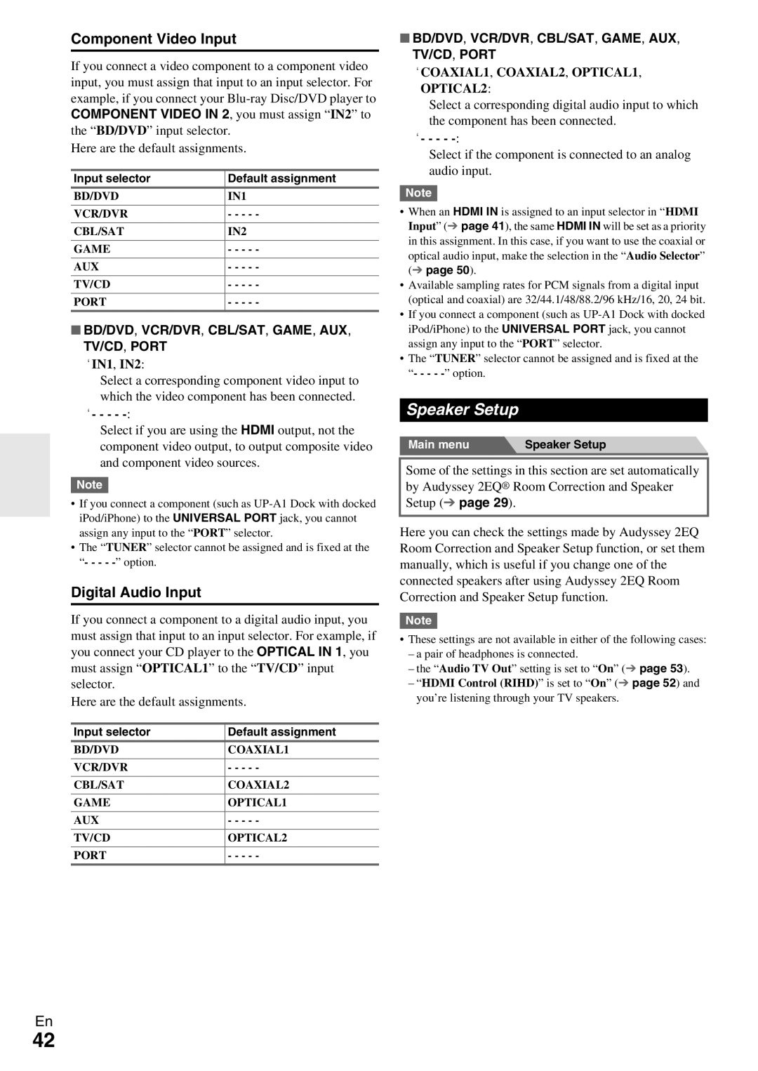 Onkyo TX-NR579 Speaker Setup, Component Video Input, Digital Audio Input, ` IN1, IN2, Input selector Default assignment 