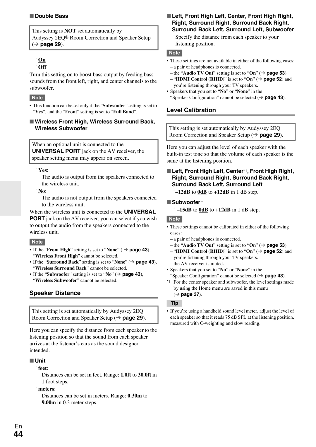 Onkyo TX-NR579 instruction manual Speaker Distance, Level Calibration, Double Bass, Unit, Subwoofer*1 