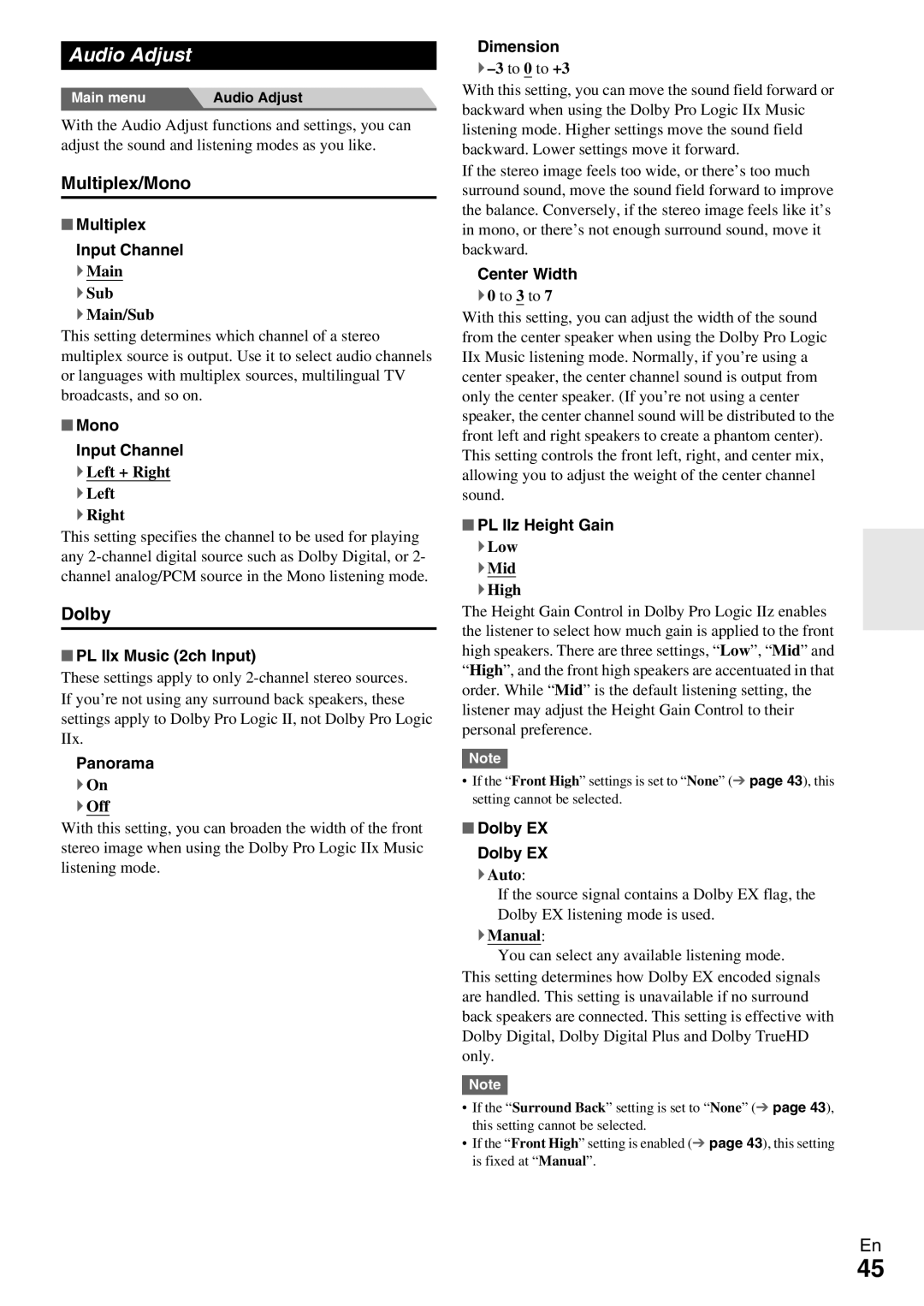 Onkyo TX-NR579 instruction manual Audio Adjust, Multiplex/Mono, Dolby 