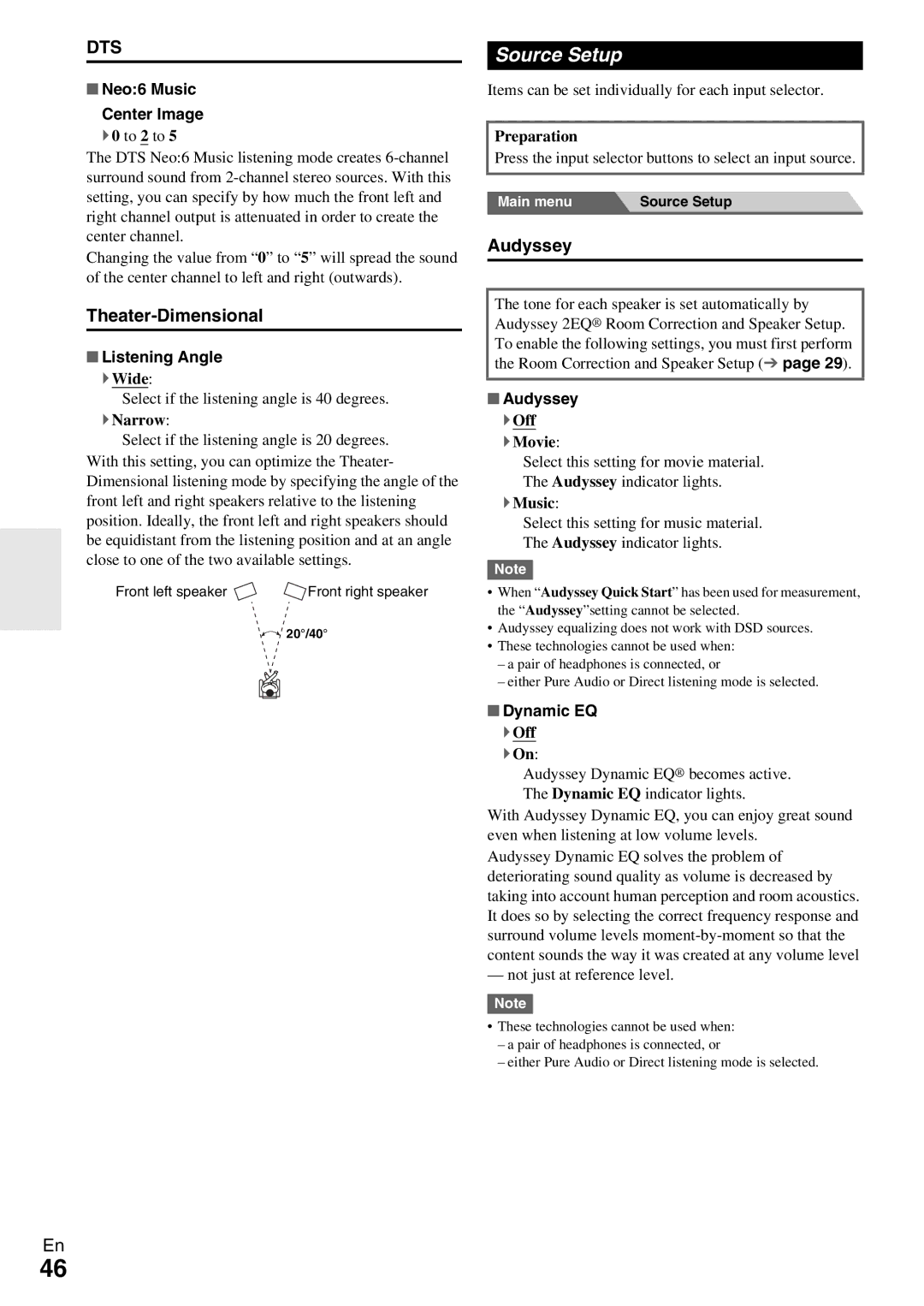 Onkyo TX-NR579 instruction manual Source Setup, Theater-Dimensional, Audyssey 