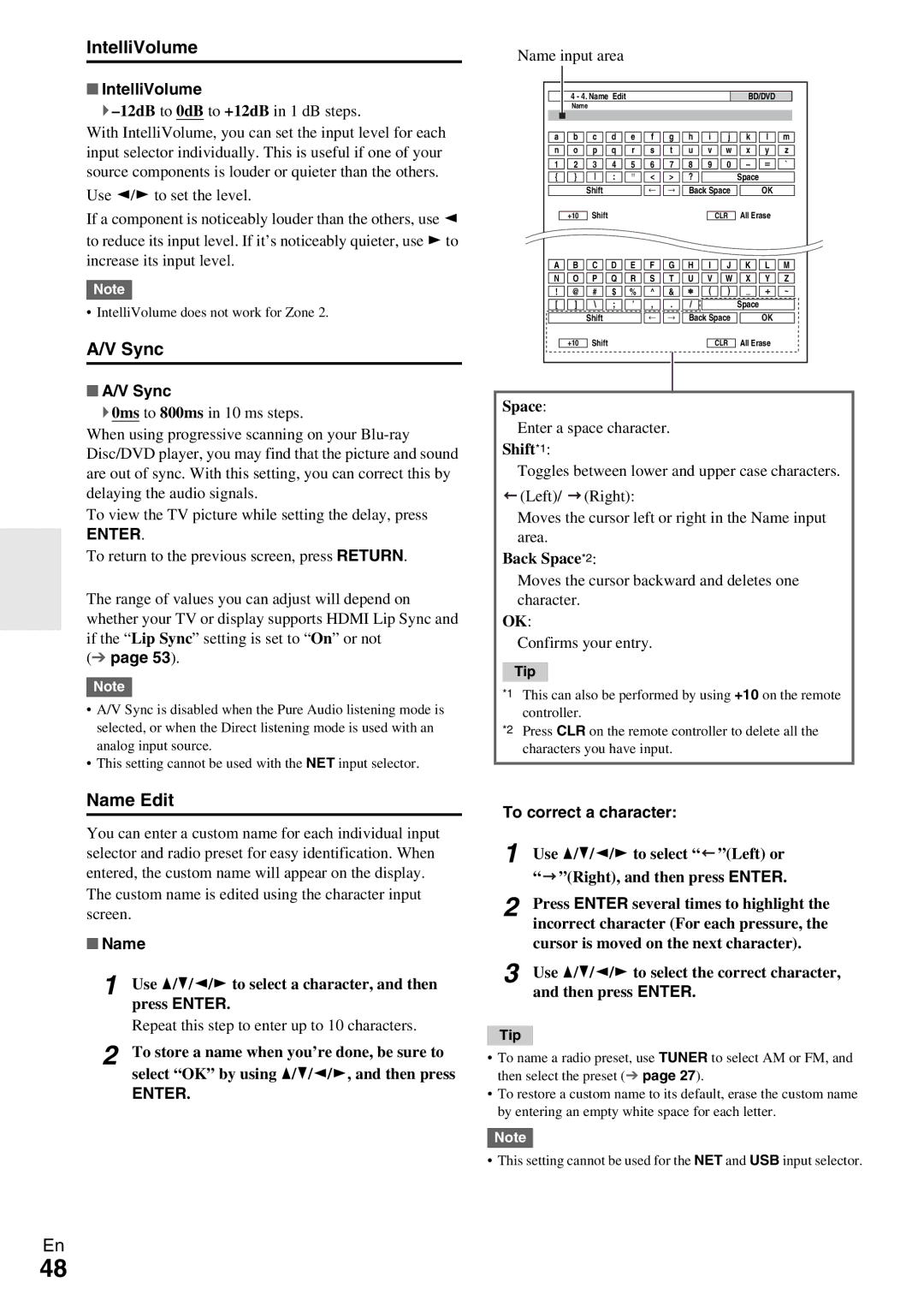 Onkyo TX-NR579 instruction manual IntelliVolume, Sync, Name Edit 