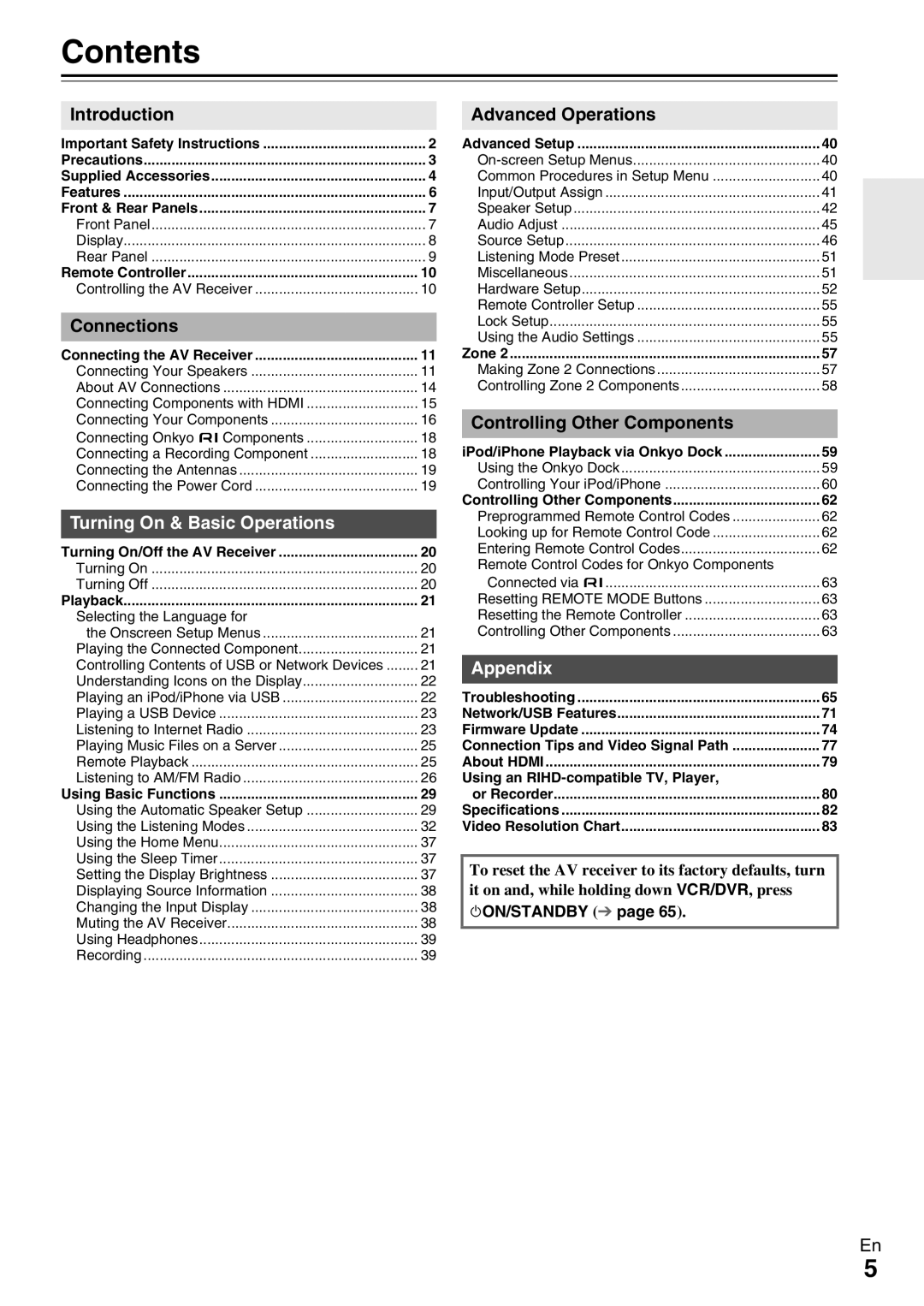 Onkyo TX-NR579 instruction manual Contents 