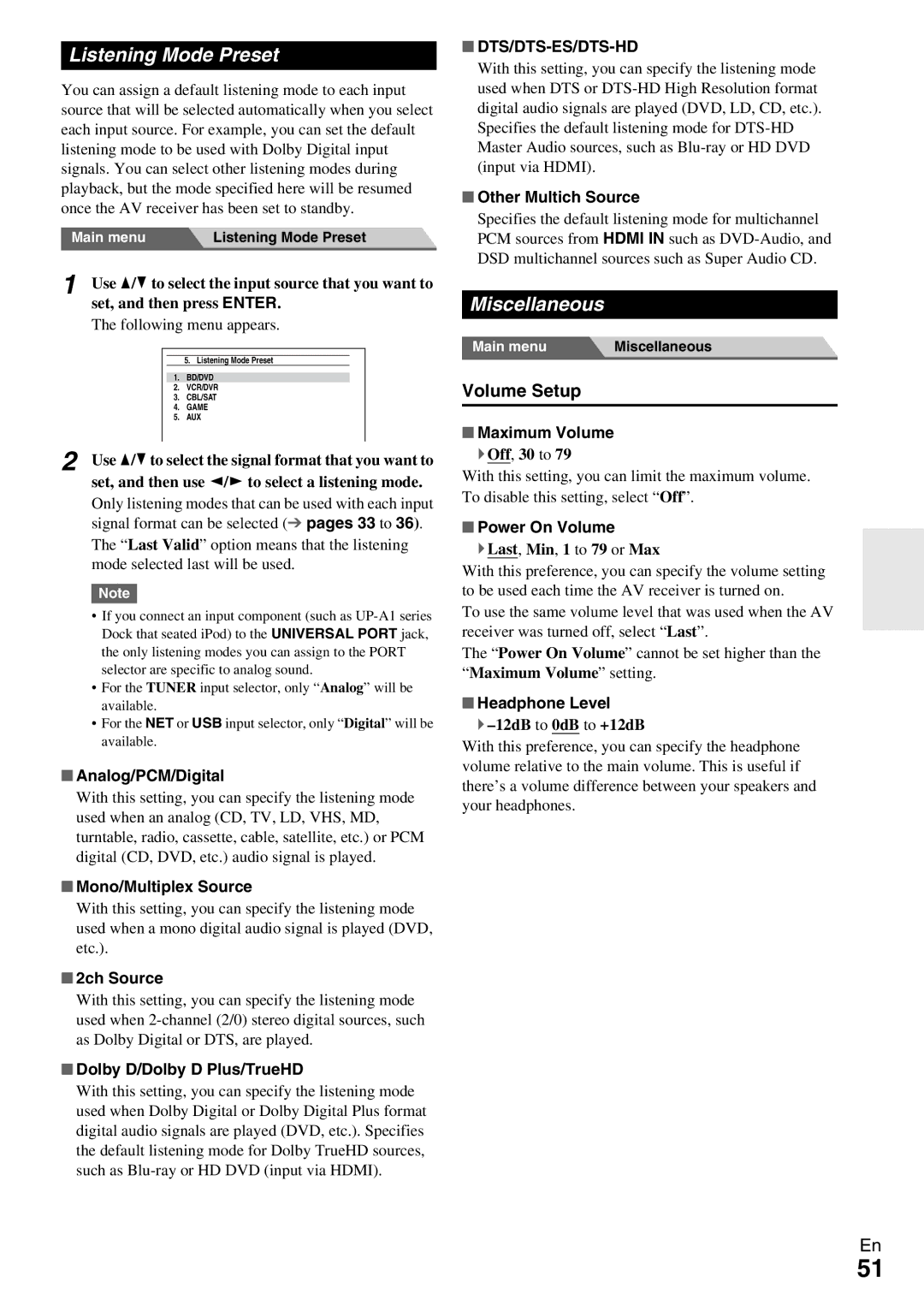 Onkyo TX-NR579 instruction manual Listening Mode Preset, Miscellaneous, Volume Setup, Dts/Dts-Es/Dts-Hd 