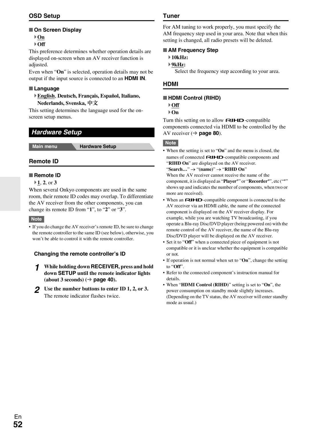 Onkyo TX-NR579 instruction manual Hardware Setup, OSD Setup, Remote ID, Tuner 