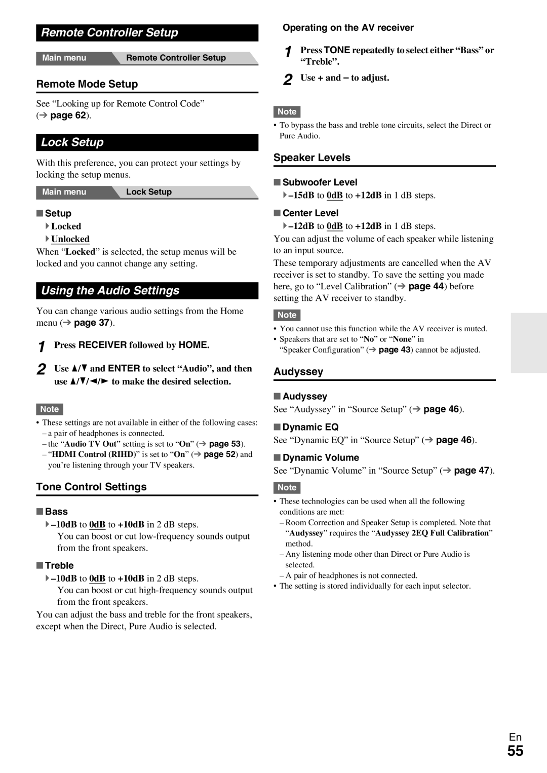 Onkyo TX-NR579 instruction manual Remote Controller Setup, Lock Setup, Using the Audio Settings 