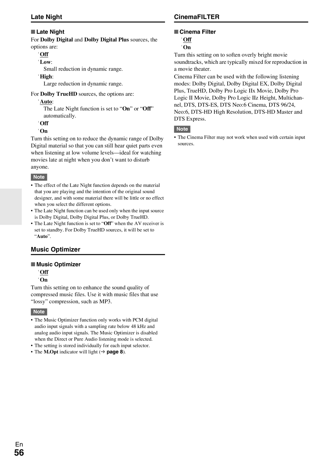 Onkyo TX-NR579 instruction manual Late Night, Music Optimizer, CinemaFILTER 