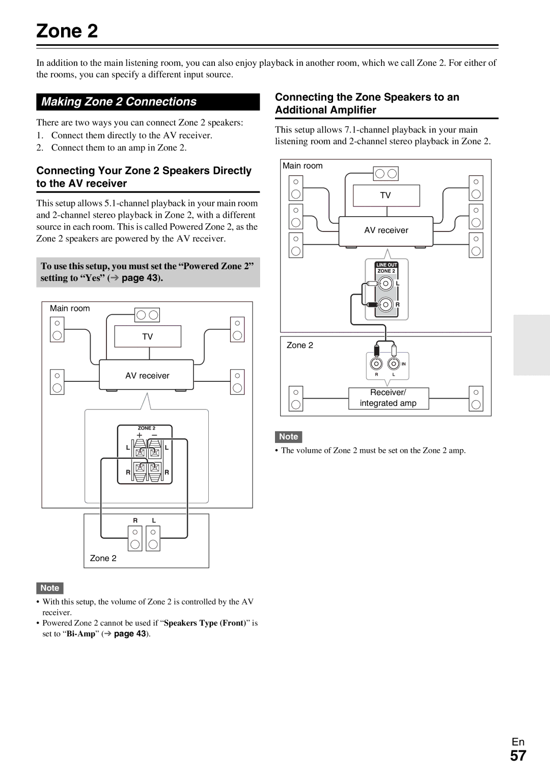 Onkyo TX-NR579 Making Zone 2 Connections, Connecting Your Zone 2 Speakers Directly to the AV receiver 