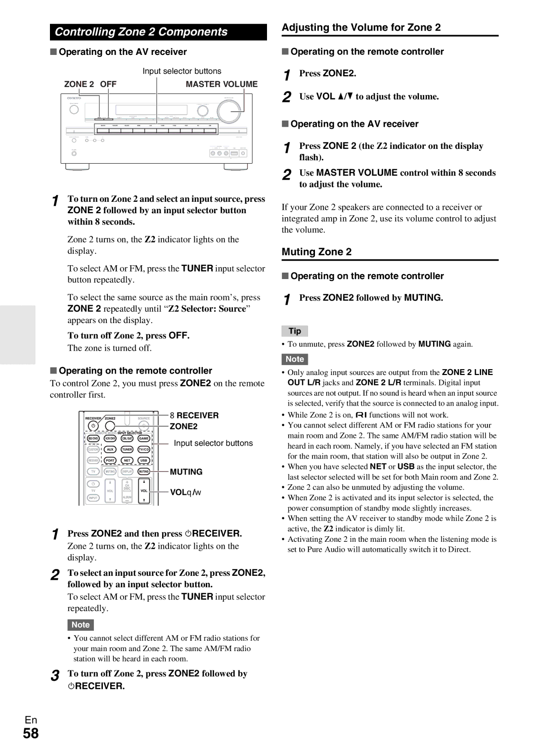 Onkyo TX-NR579 instruction manual Controlling Zone 2 Components, Adjusting the Volume for Zone, Muting Zone 