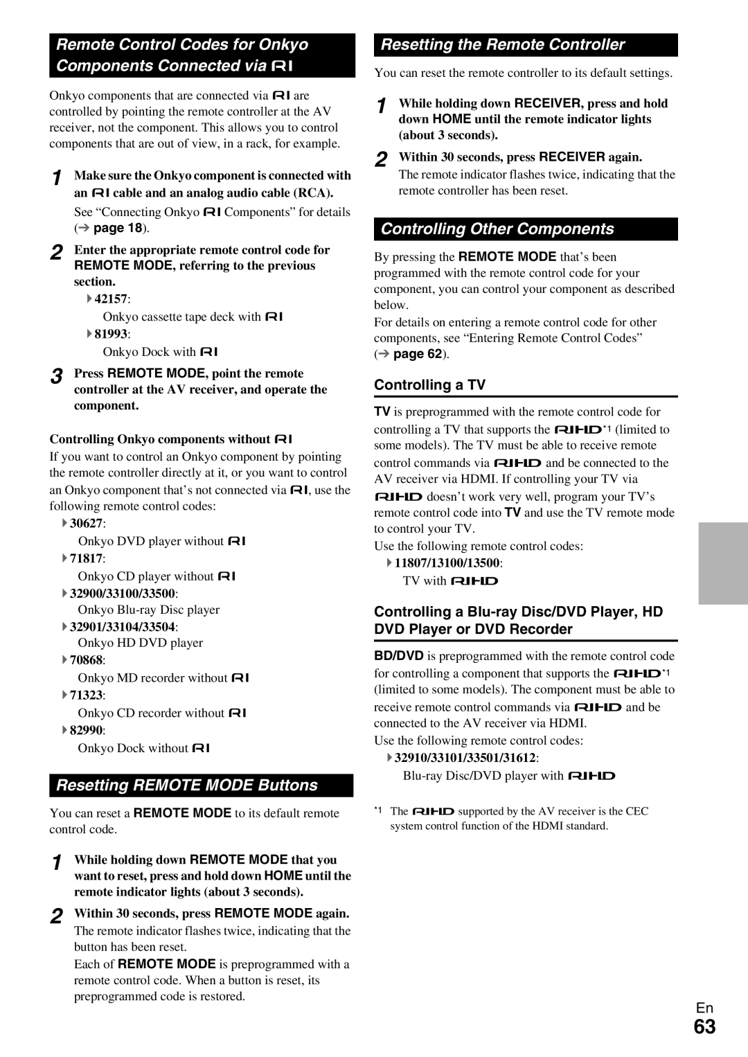 Onkyo TX-NR579 Remote Control Codes for Onkyo Components Connected via u, Resetting Remote Mode Buttons, Controlling a TV 