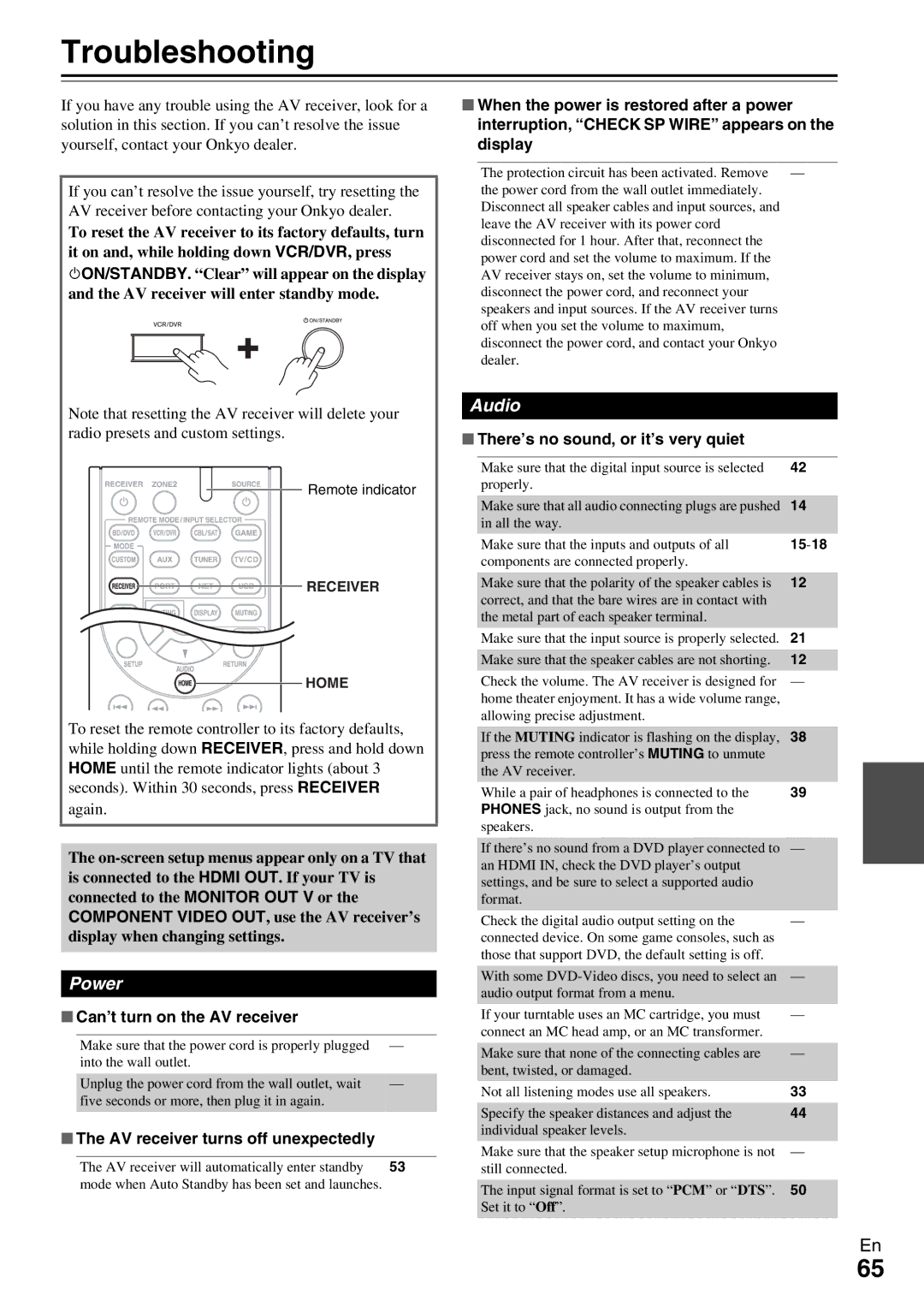 Onkyo TX-NR579 instruction manual Troubleshooting, Power, Audio 