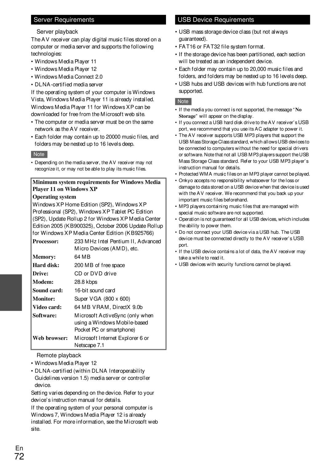 Onkyo TX-NR579 instruction manual Server Requirements, USB Device Requirements, Server playback, Remote playback 