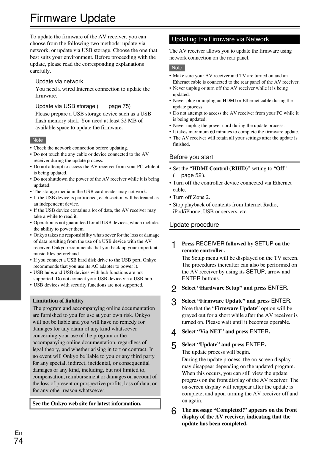 Onkyo TX-NR579 instruction manual Firmware Update, Updating the Firmware via Network, Before you start, Update procedure 