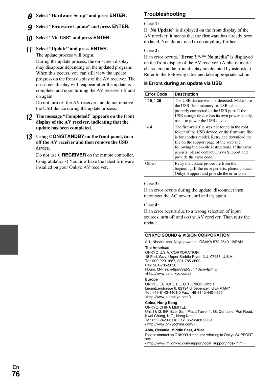 Onkyo TX-NR579 instruction manual Errors during an update via USB 