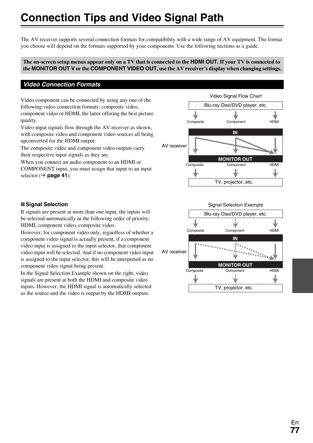 Onkyo TX-NR579 instruction manual Connection Tips and Video Signal Path, Video Connection Formats, Signal Selection 