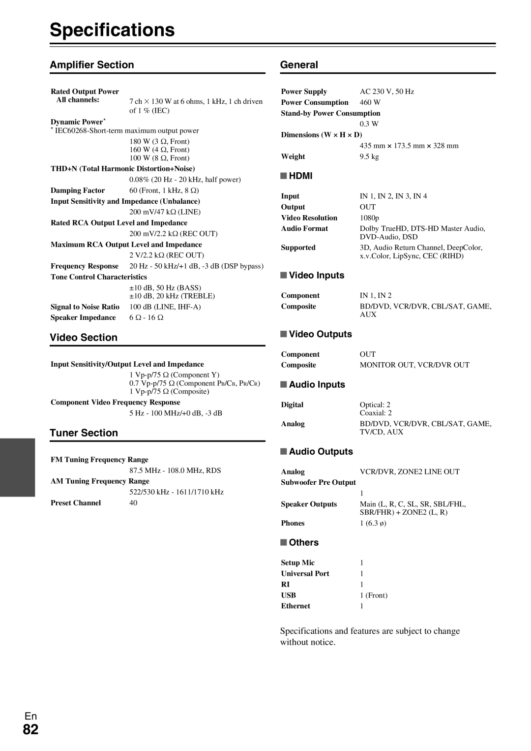 Onkyo TX-NR579 instruction manual Specifications, Amplifier Section, General, Video Section, Tuner Section 