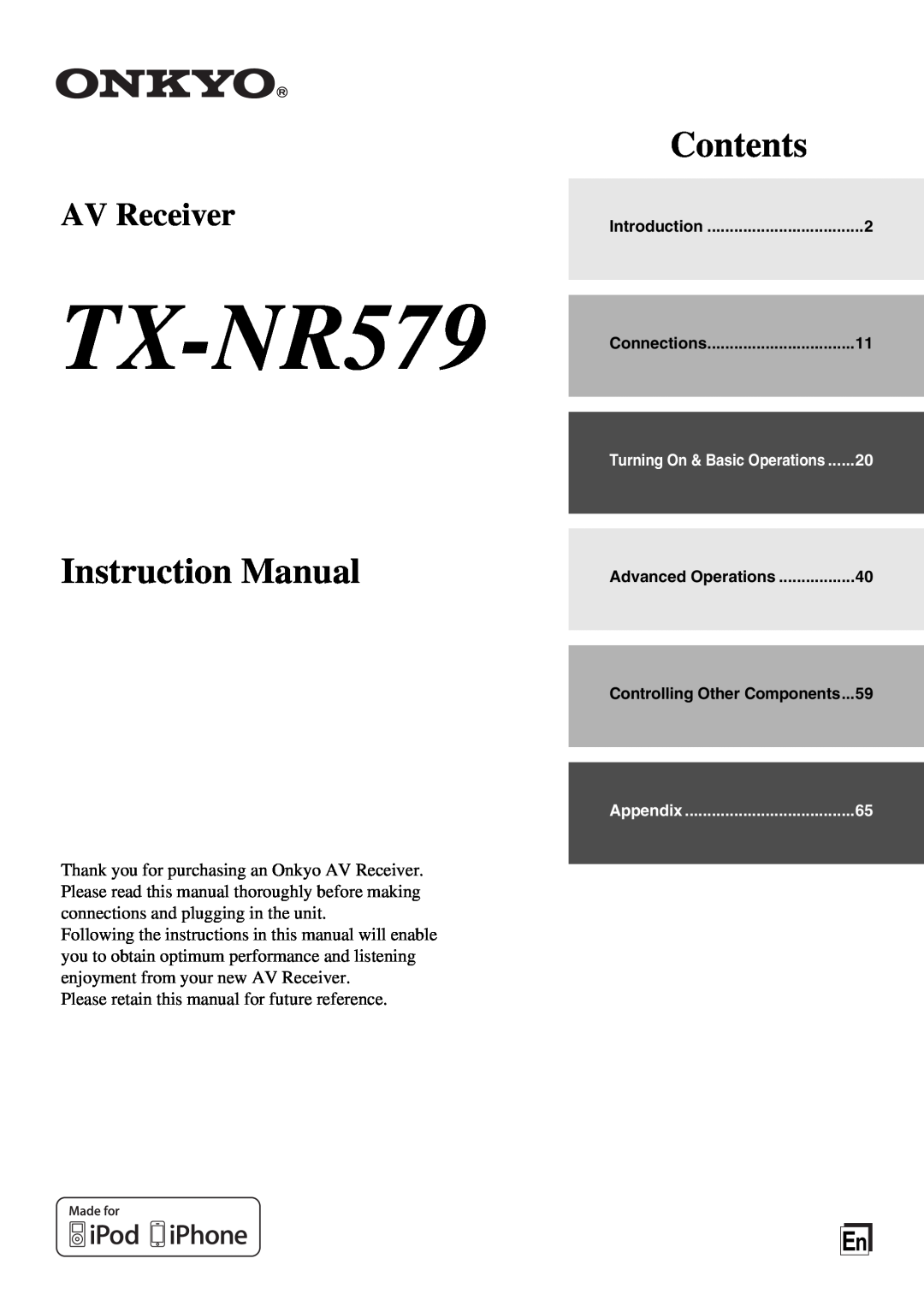 Onkyo TX-NR579 instruction manual Contents, AV Receiver 