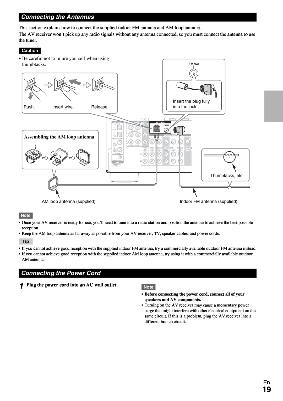 Onkyo TX-NR579 instruction manual Connecting the Antennas, Connecting the Power Cord, Assembling the AM loop antenna 