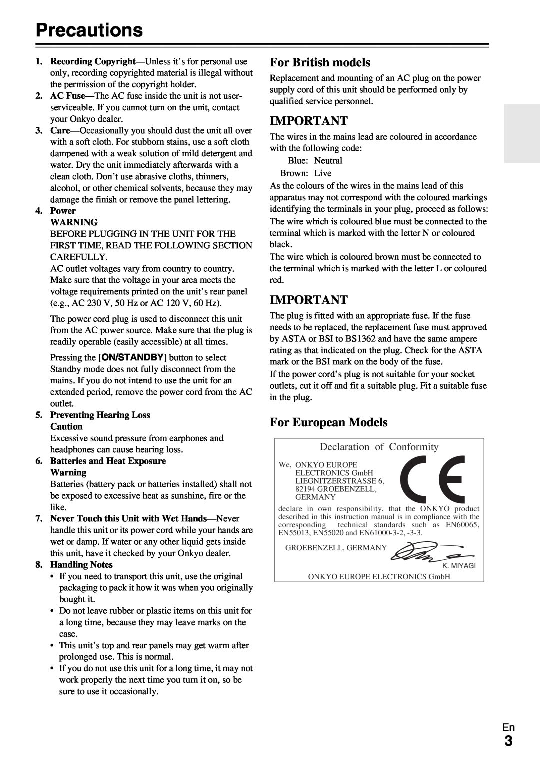 Onkyo TX-NR579 instruction manual Precautions, For British models, For European Models, Declaration of Conformity 