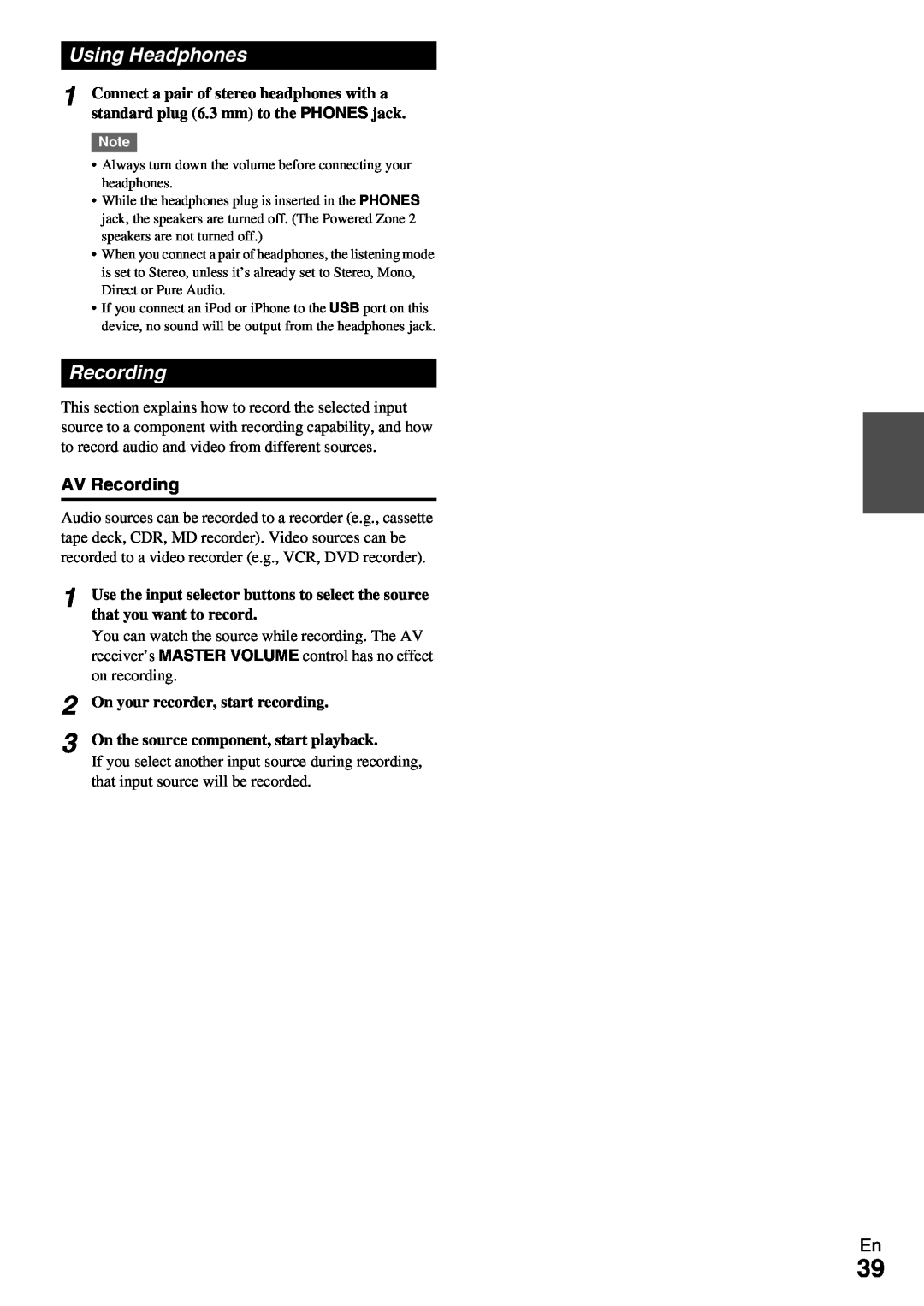 Onkyo TX-NR579 instruction manual 1 2 3, Using Headphones, AV Recording 