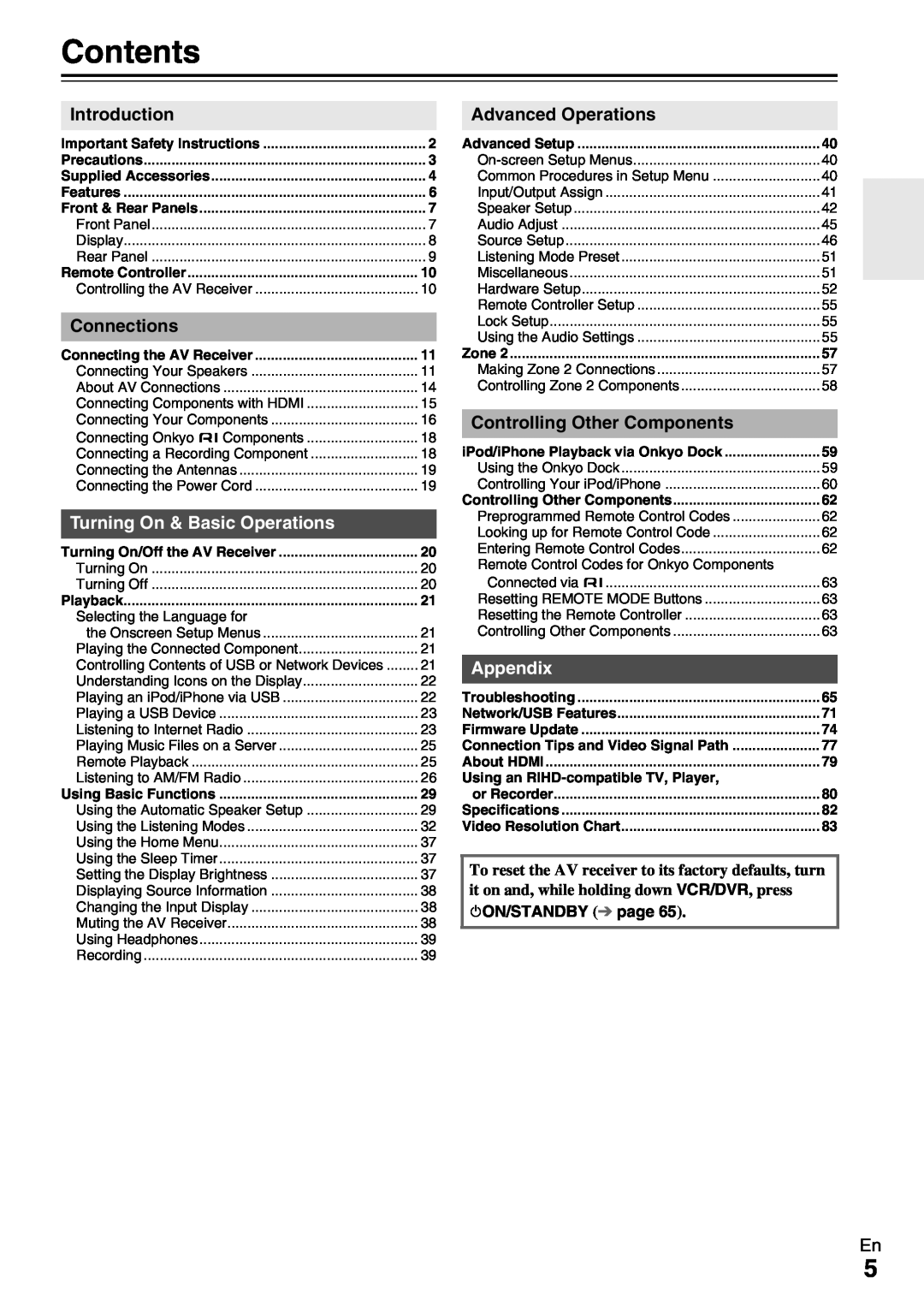 Onkyo TX-NR579 instruction manual Contents, Turning On & Basic Operations, Appendix, 8ON/STANDBY page 