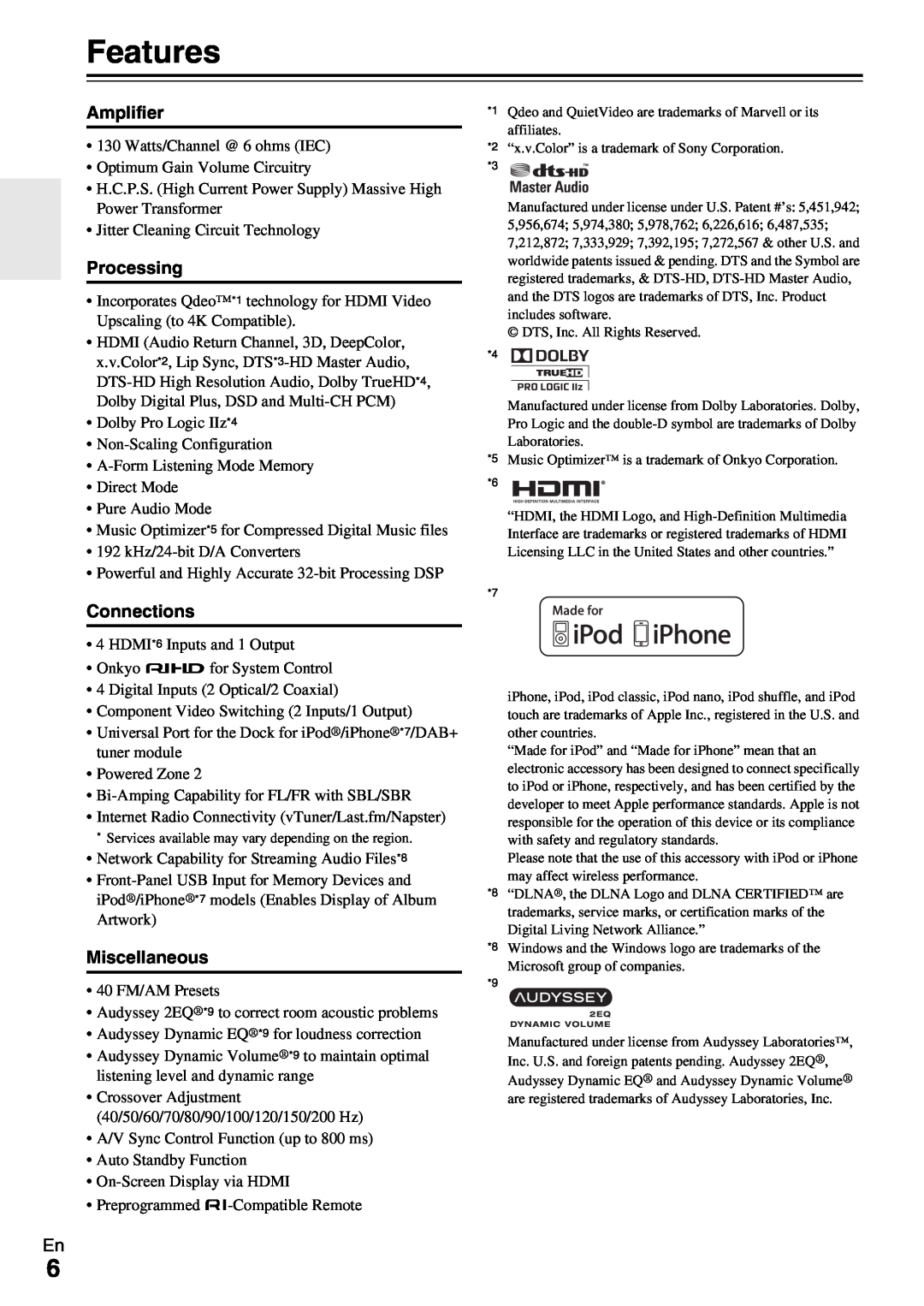 Onkyo TX-NR579 instruction manual Features, Amplifier, Processing, Connections, Miscellaneous 