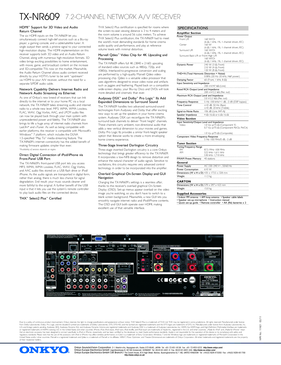 Onkyo TX-NR609 manual Specifications 