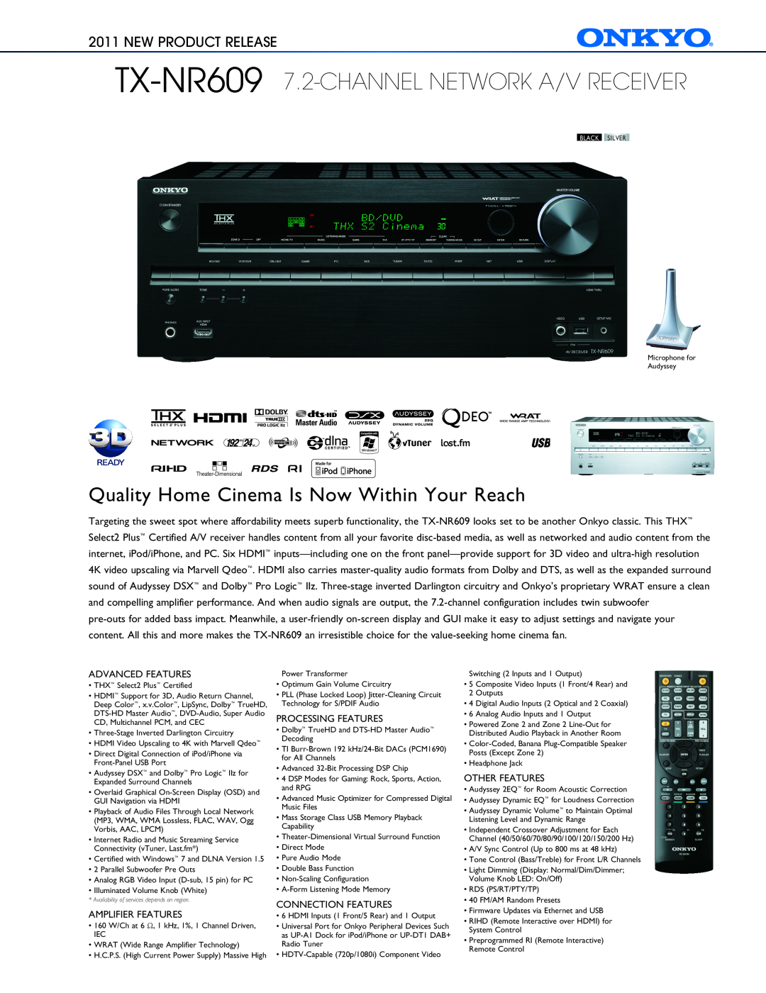 Onkyo TX-NR609 manual Advanced Features, Amplifier Features, Processing Features, Connection Features, Other Features 