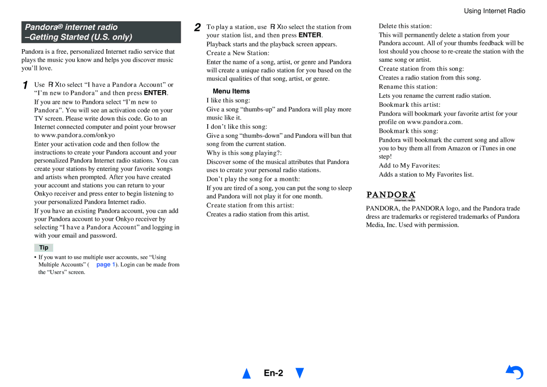 Onkyo TX-NR616 instruction manual Pandora internet radio, Getting Started U.S. only, Menu Items 