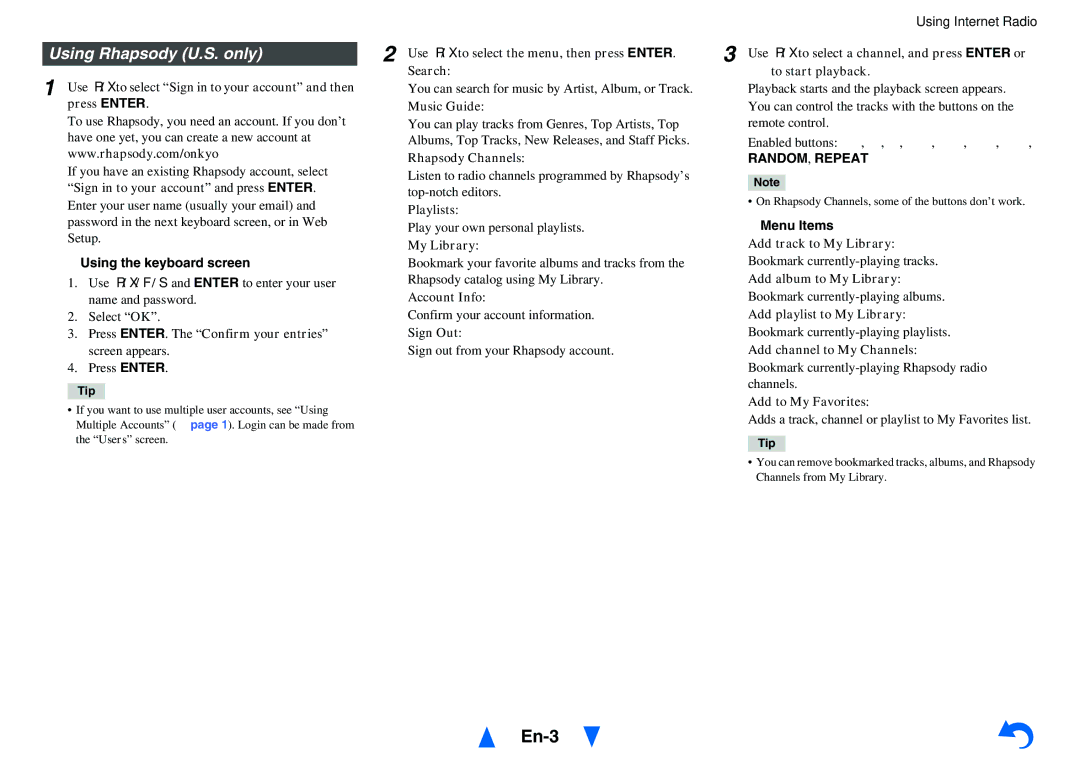 Onkyo TX-NR616 instruction manual Using Rhapsody U.S. only, Using the keyboard screen, RANDOM, Repeat 