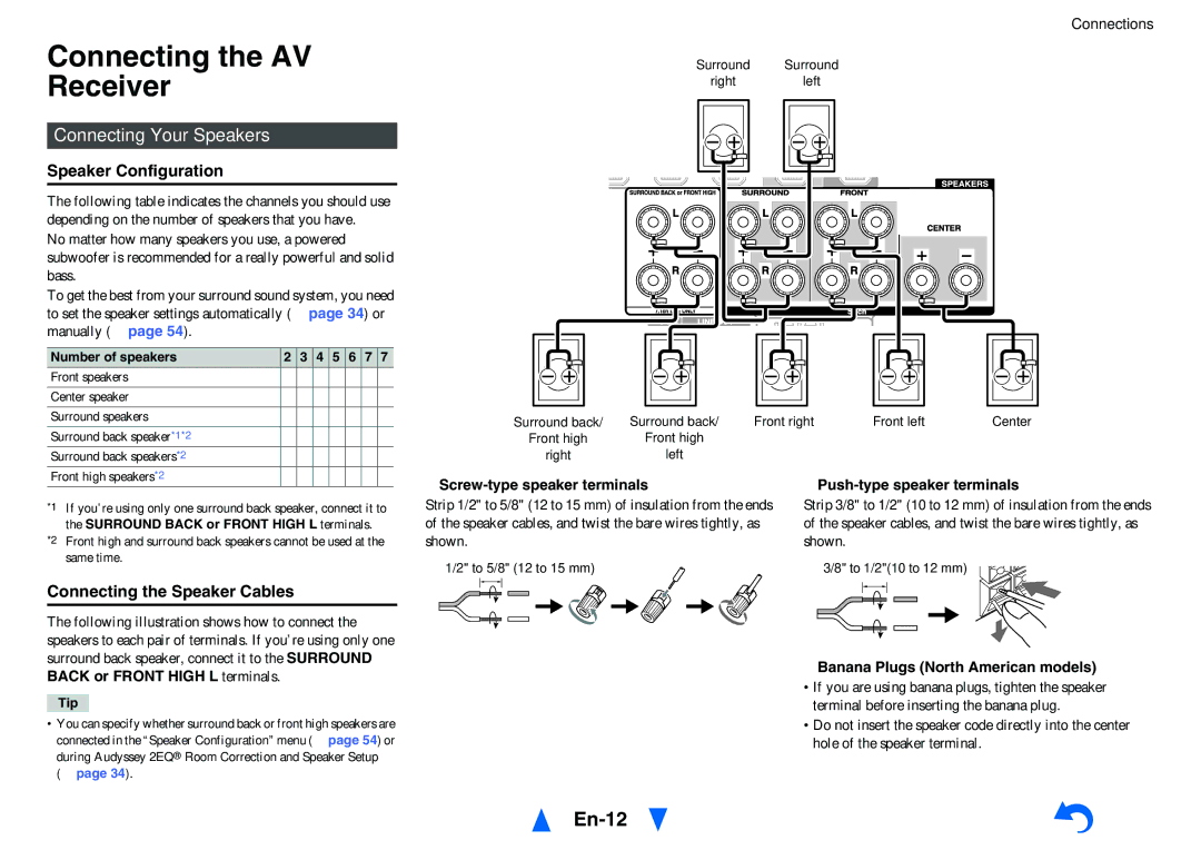 Onkyo TX-NR616 instruction manual Connecting the AV Receiver, En-12, Connecting Your Speakers, Speaker Configuration 