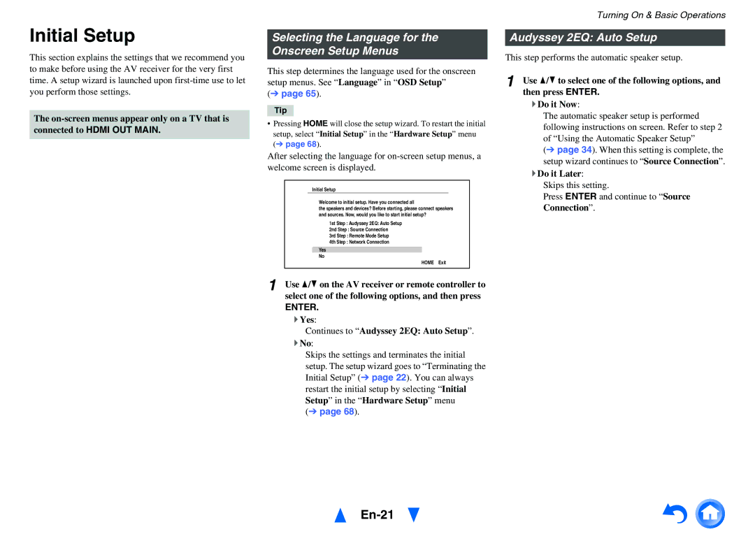 Onkyo TX-NR616 Initial Setup, En-21, Selecting the Language for the Onscreen Setup Menus, Audyssey 2EQ Auto Setup, Enter 