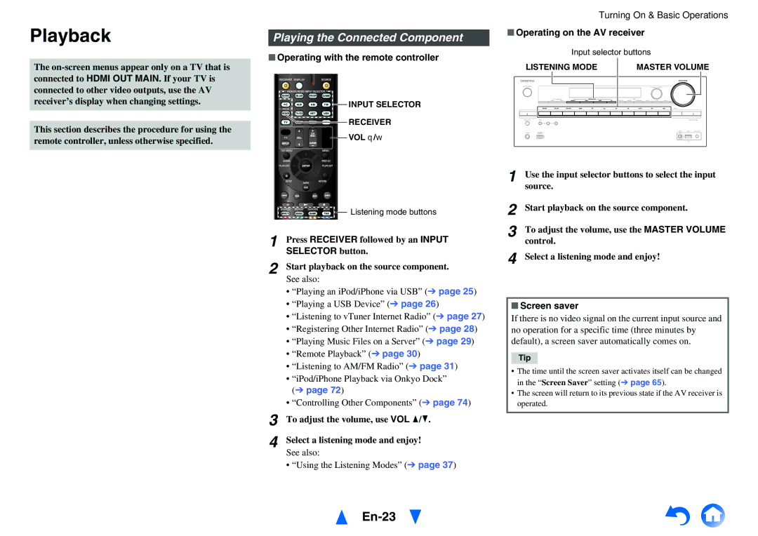 Onkyo TX-NR616 instruction manual Playback, En-23, Playing the Connected Component 