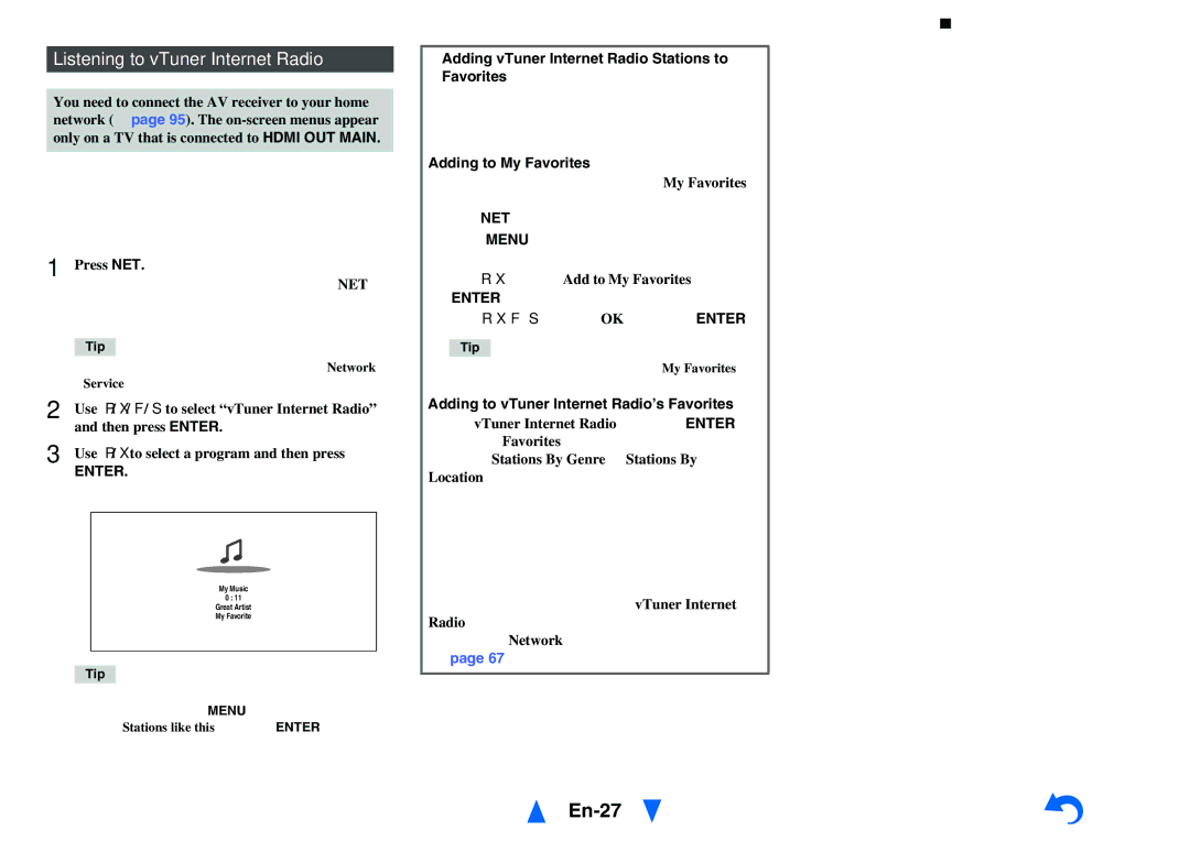 Onkyo TX-NR616 En-27, Listening to vTuner Internet Radio, Adding vTuner Internet Radio Stations to Favorites 