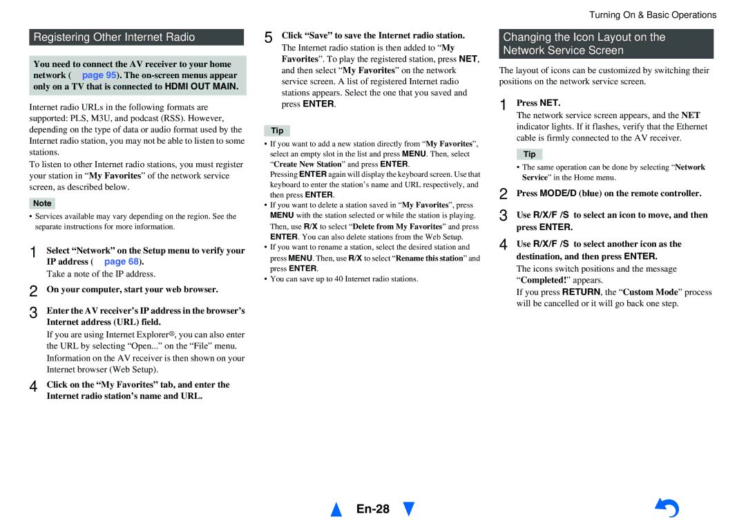 Onkyo TX-NR616 En-28, Registering Other Internet Radio, Changing the Icon Layout on the Network Service Screen 
