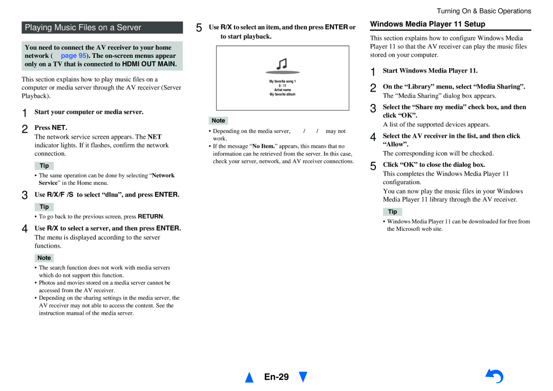 Onkyo TX-NR616 instruction manual En-29, Playing Music Files on a Server, Windows Media Player 11 Setup 