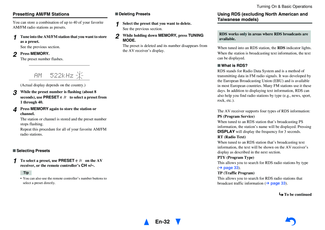 Onkyo TX-NR616 En-32, Presetting AM/FM Stations, Using RDS excluding North American and Taiwanese models, Mode 
