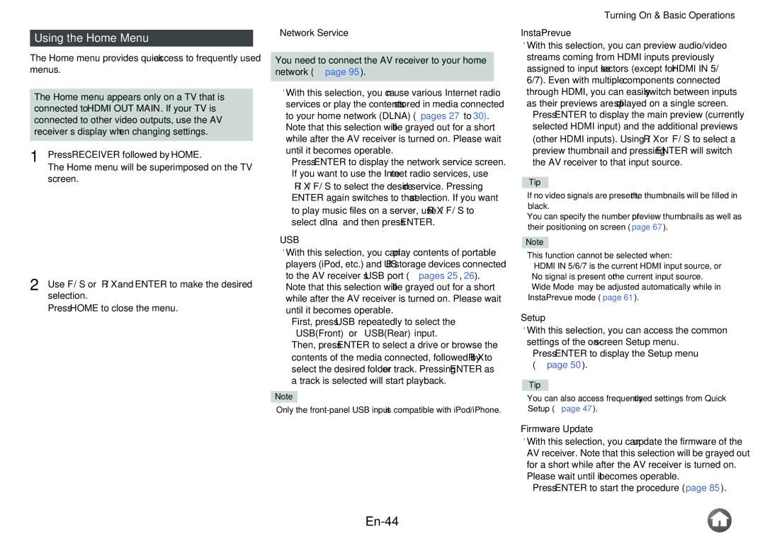 Onkyo TX-NR616 instruction manual En-44, Using the Home Menu, Usb 