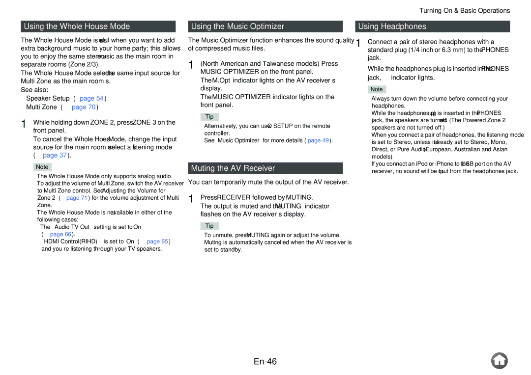 Onkyo TX-NR616 En-46, Using the Whole House Mode, Using the Music Optimizer, Muting the AV Receiver, Using Headphones 