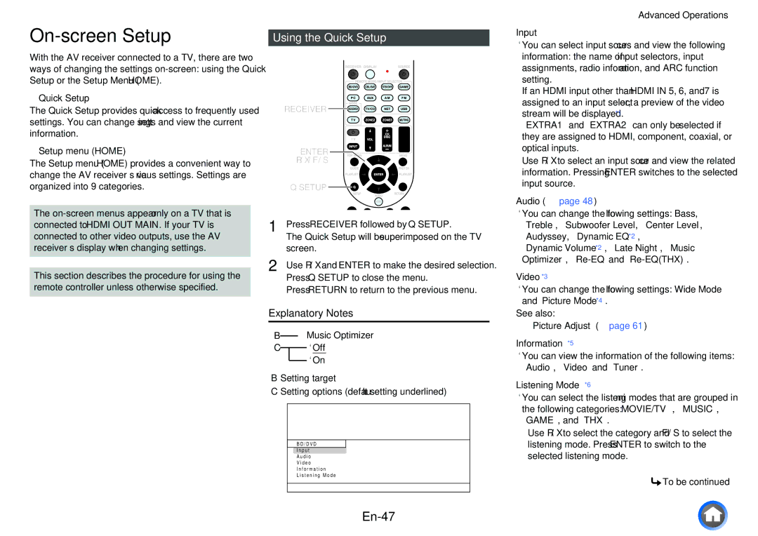 Onkyo TX-NR616 instruction manual On-screen Setup, En-47, Using the Quick Setup, Explanatory Notes 