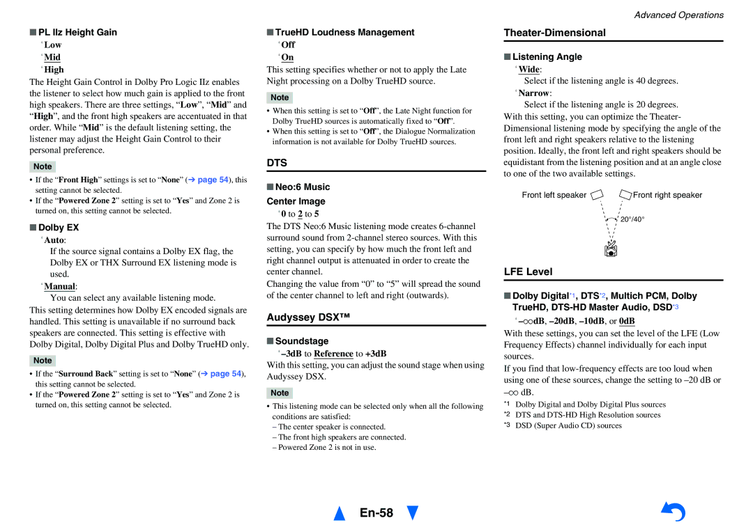 Onkyo TX-NR616 instruction manual En-58, Audyssey DSX, Theater-Dimensional, LFE Level 