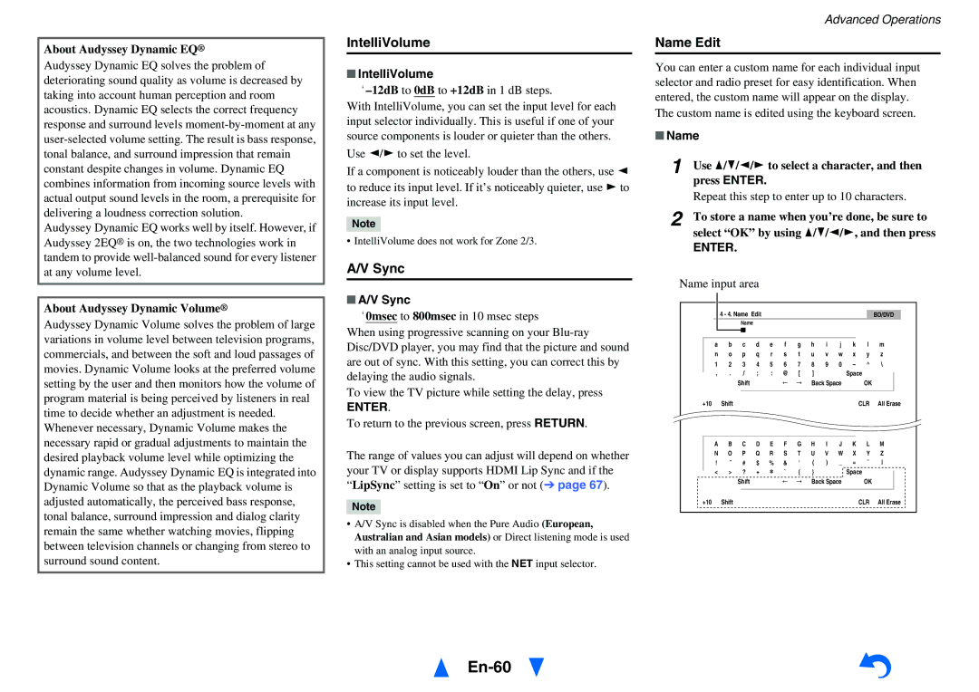 Onkyo TX-NR616 instruction manual En-60, IntelliVolume, Sync, Name Edit 