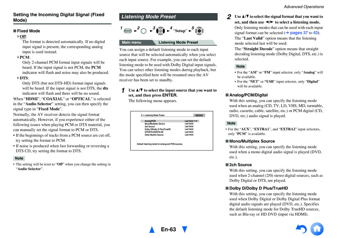 Onkyo TX-NR616 instruction manual En-63, Listening Mode Preset, Setting the Incoming Digital Signal Fixed Mode 