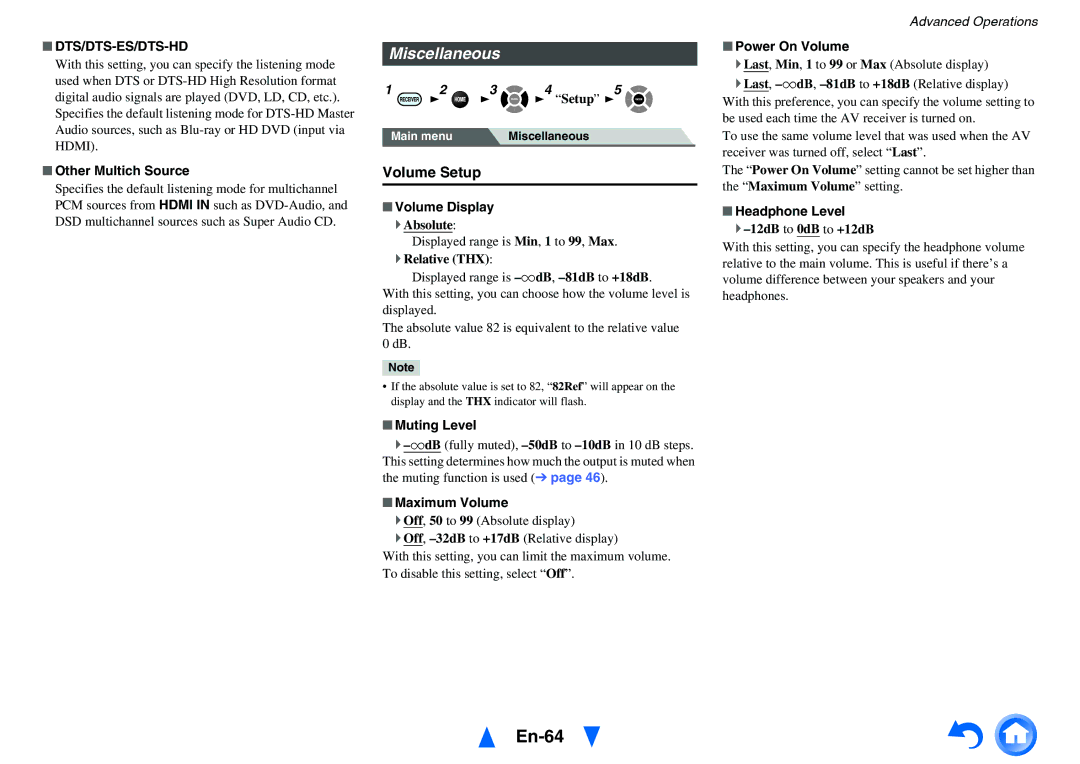 Onkyo TX-NR616 instruction manual En-64, Miscellaneous, Volume Setup, Dts/Dts-Es/Dts-Hd 