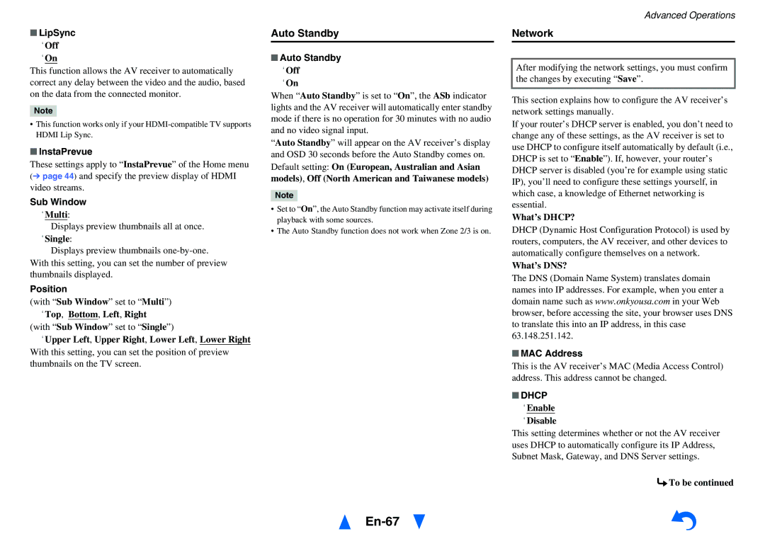 Onkyo TX-NR616 instruction manual En-67, Auto Standby, Network, Dhcp 