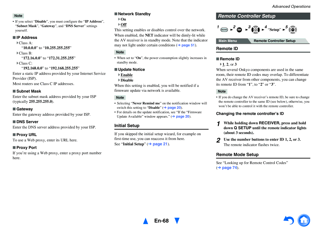 Onkyo TX-NR616 instruction manual En-68, Remote Controller Setup, Initial Setup, Remote ID, Remote Mode Setup 