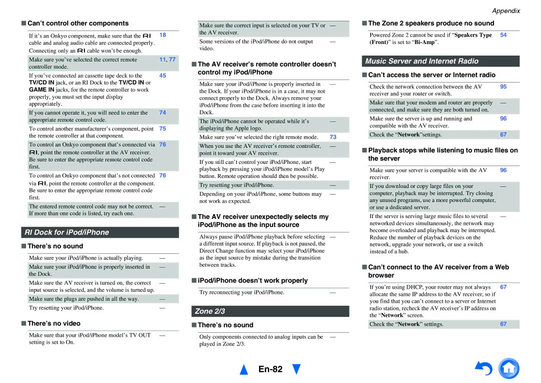 Onkyo TX-NR616 instruction manual En-82, RI Dock for iPod/iPhone, Zone 2/3, Music Server and Internet Radio 