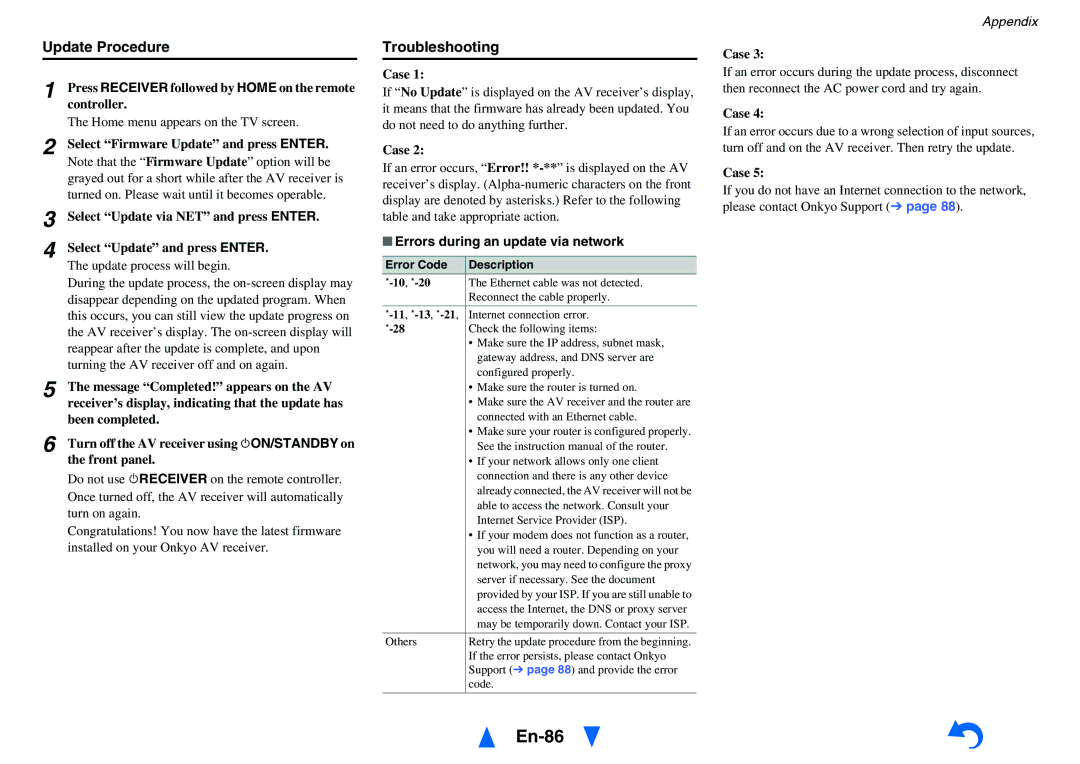 Onkyo TX-NR616 instruction manual En-86, Update Procedure, Troubleshooting, Errors during an update via network 