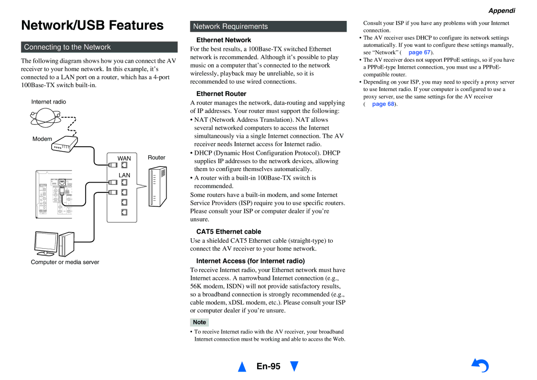 Onkyo TX-NR616 instruction manual Network/USB Features, En-95, Connecting to the Network, Network Requirements 