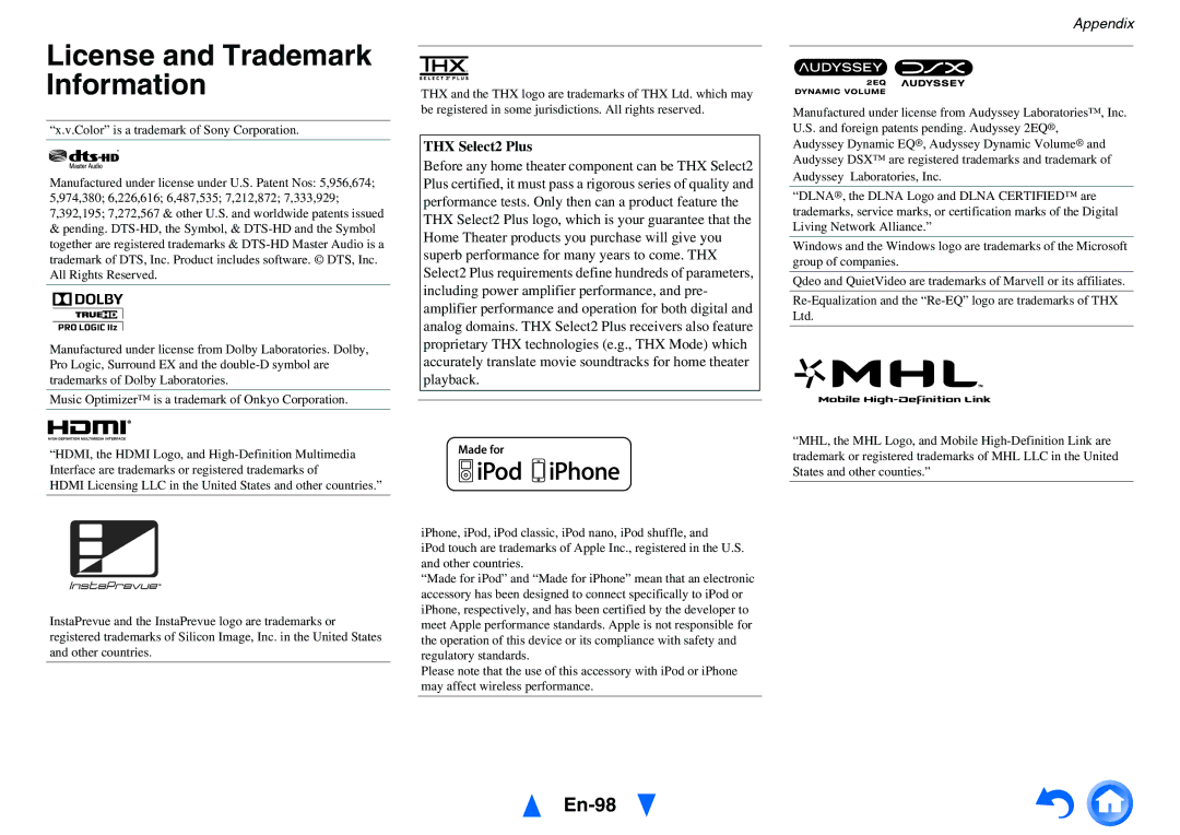 Onkyo TX-NR616 License and Trademark Information, En-98, THX Select2 Plus, Color is a trademark of Sony Corporation 